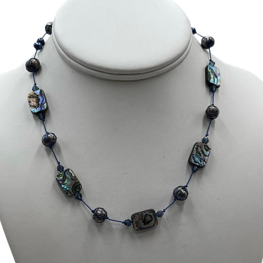 Peacock Keshi Abalone Mother of Pearl‎ Blue Pearl Sterling Toggle Necklace